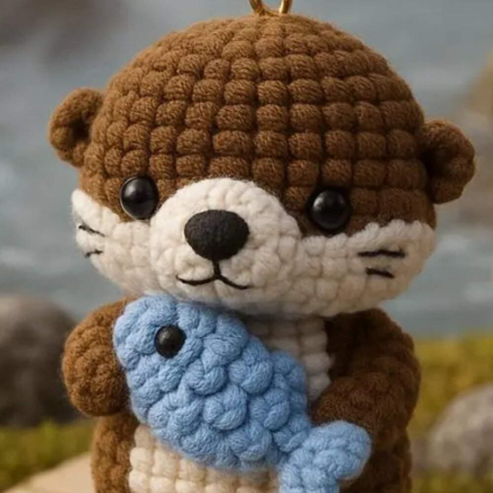Handmade Amigurumi Otter Keychain, Soft Crochet Otter with Blue Fish Accessory